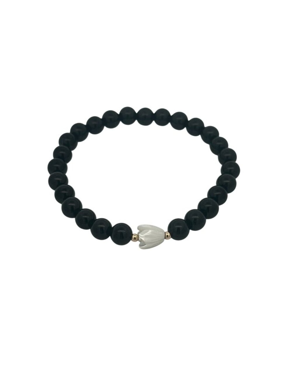 14K Gold Beads Mother of Pearl Pikake Flower Black Onyx Stretch Bracelet